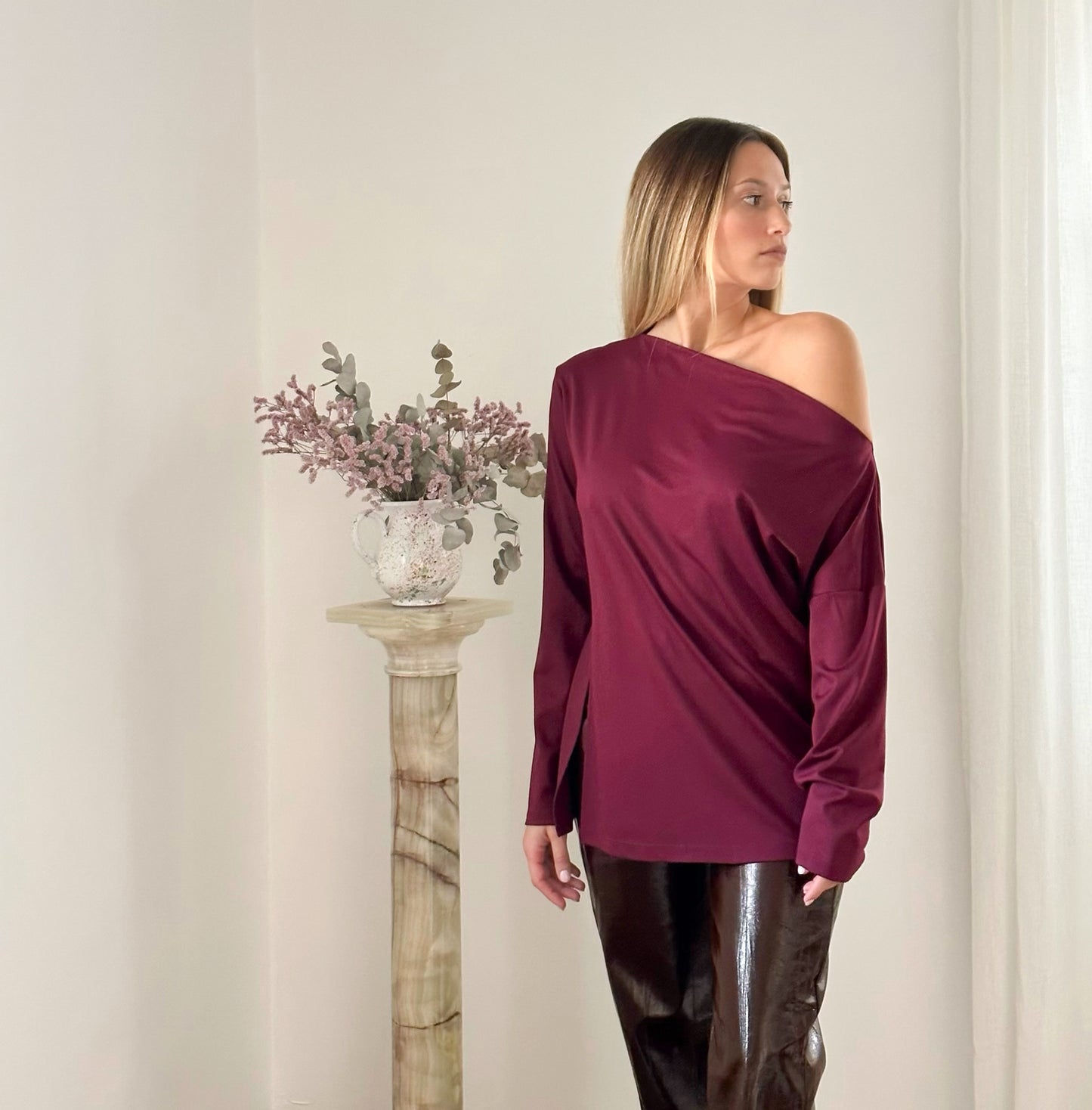asymmetric_bordeaux_soft_shoulder_falling_party_look_shirt