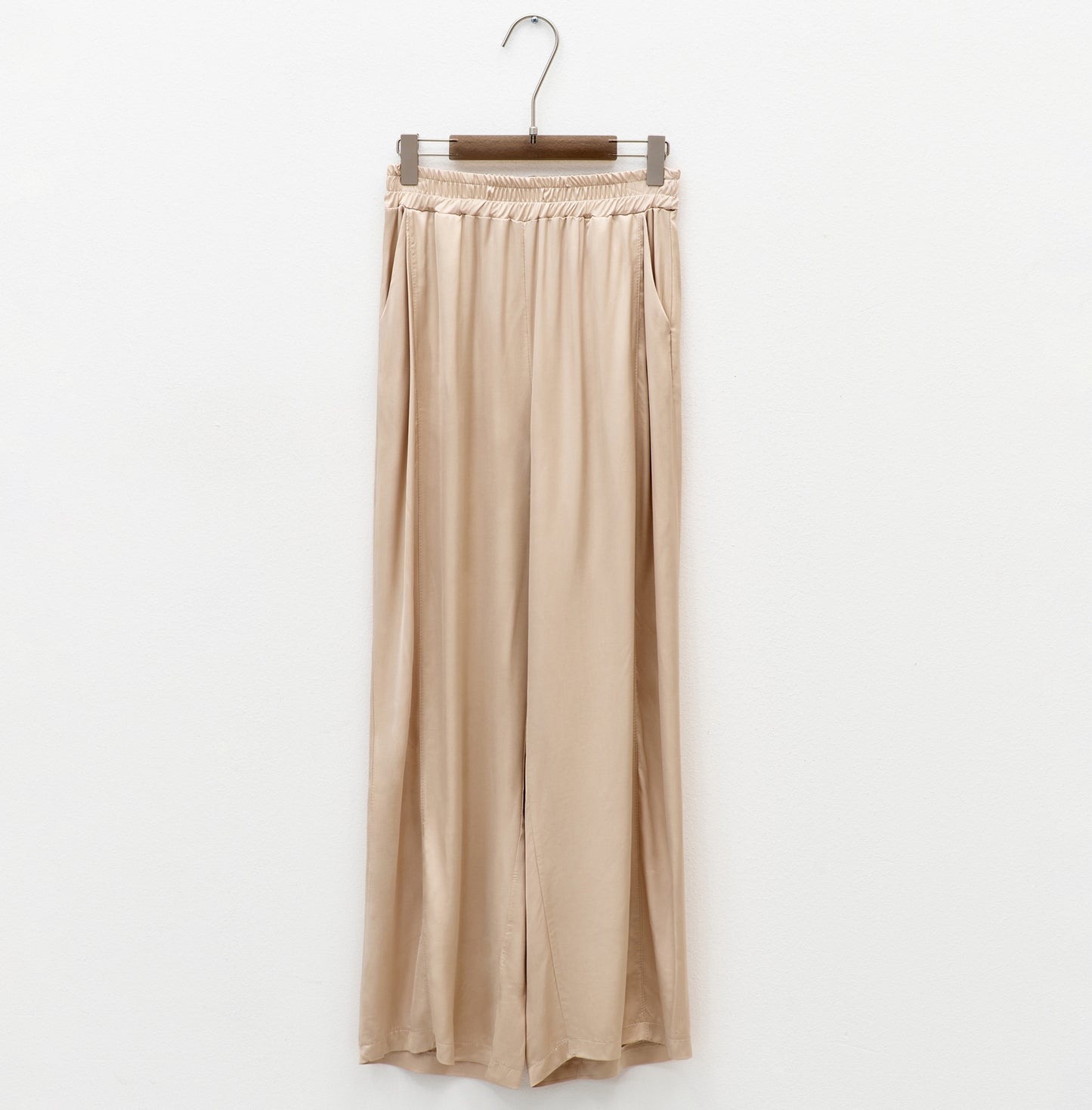 beige satin trousers, soft fit