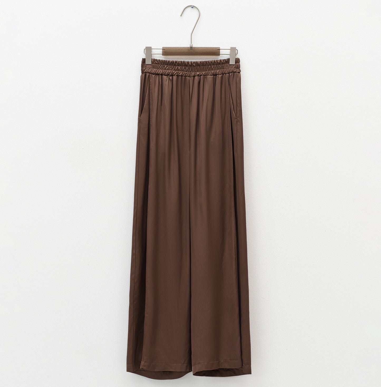 brown satin trousers, soft fit, pockets