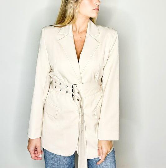 blazer cream with belt party look christmas casual look