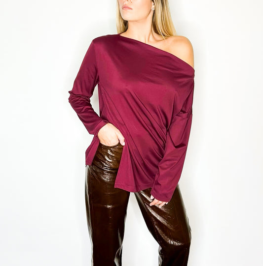 asymmetrical_bordeaux_soft_shoulder_falling_shirt_party_look.