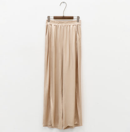 beige satin trousers, soft fit