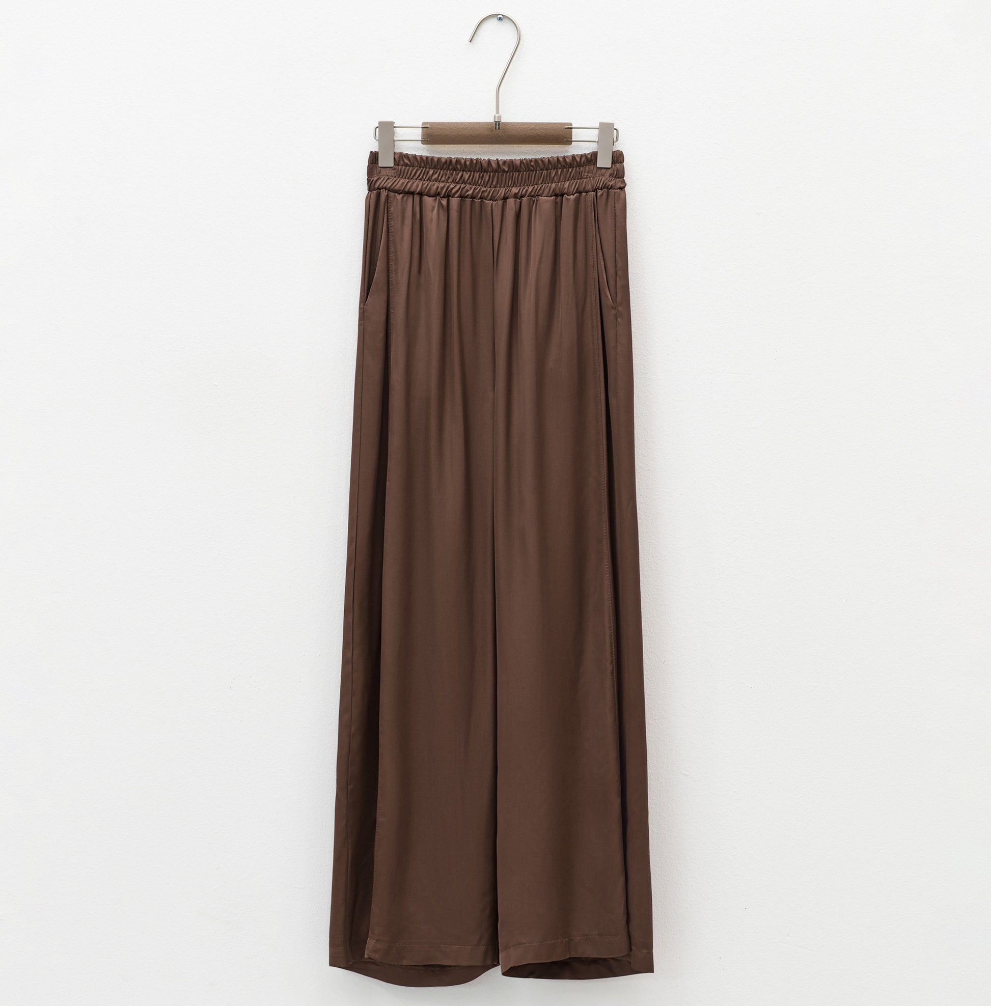 brown satin trousers, soft fit, pockets