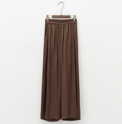 brown satin trousers, soft fit, pockets